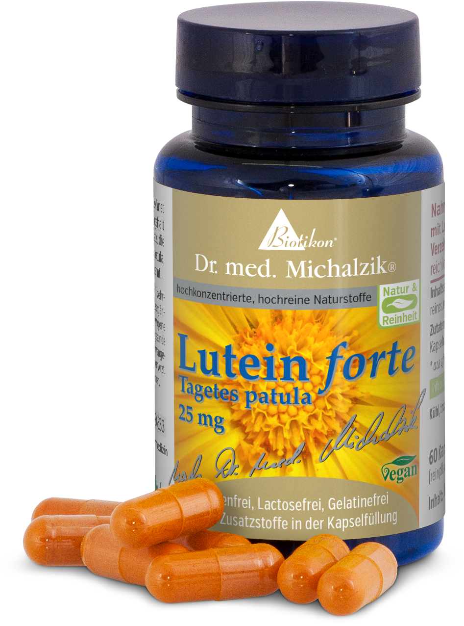 Lutein forte 25 mg – Kapseln Orangene Kapseln in einer blauen Flasche, 60 Stück, vegan. Verpackung mit gelber Blüte.