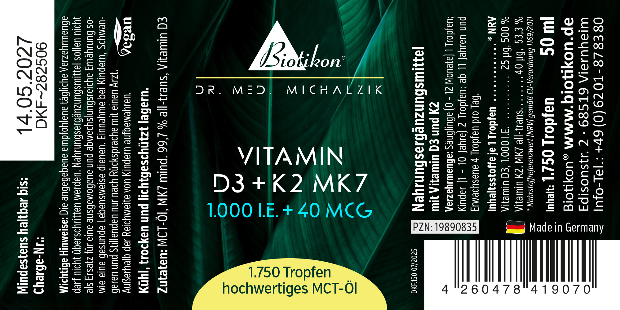 Vitamin D3 und K2 MK7 Tropfen, 1.750 Tropfen in hochwertigem MCT-Öl, grüne Verpackung, 50 ml