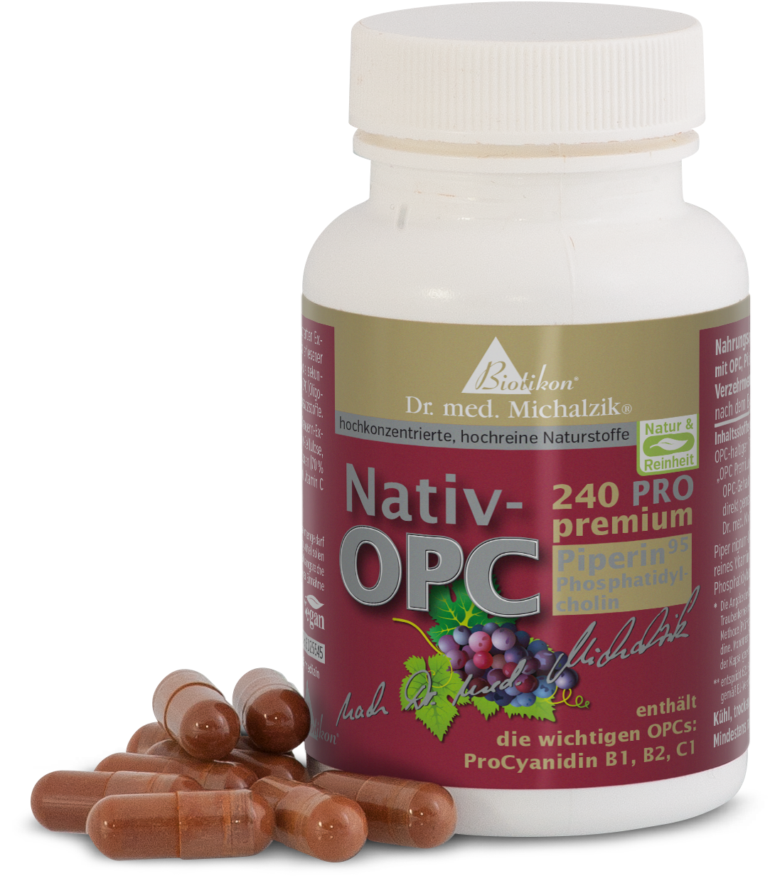 Flasche mit Nativ-OPC Kapseln, braune Kapsel, 240 Stück, beschriftet auf rotem Hintergrund.