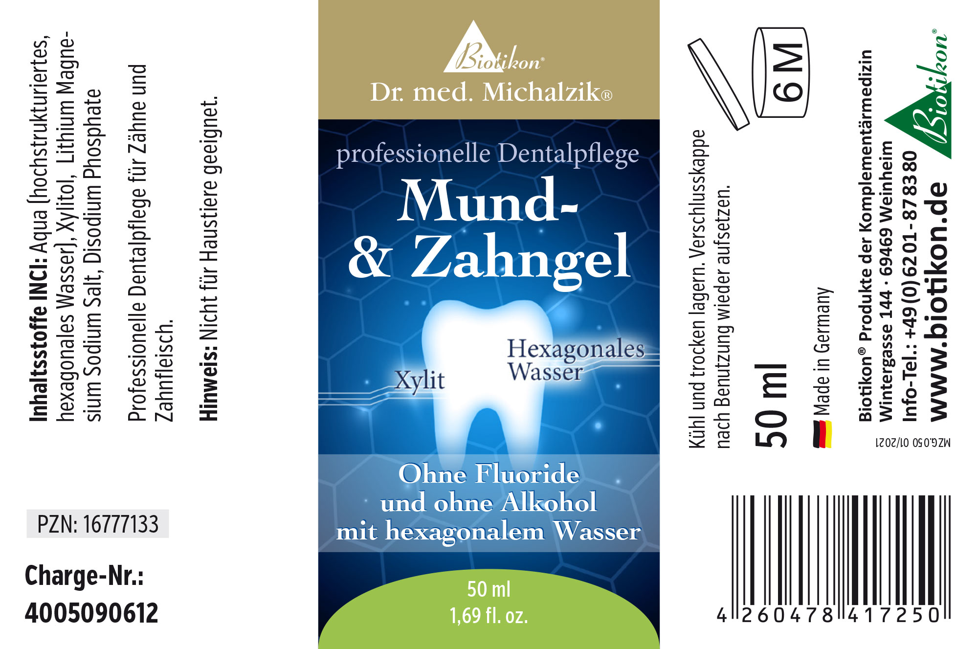 Zahn- und Mundgel in blauer Tube, 50 ml Inhalt, ohne Fluoride und Alkohol, mit hexagonalem Wasser.