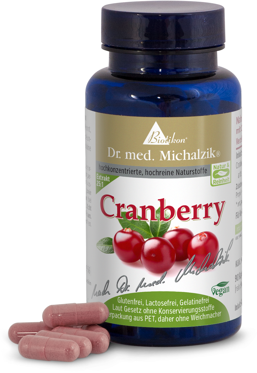 Cranberry Kapseln in einer blauen Flasche, 120 Stück, mit pinken Kapseln in der Vordergrund.