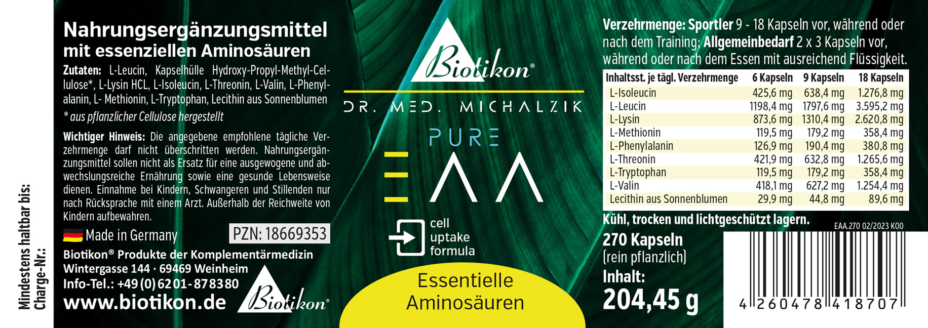 Verpackung mit 270 pflanzlichen Kapseln für essentielle Aminosäuren, grün, frontal dargestellt.