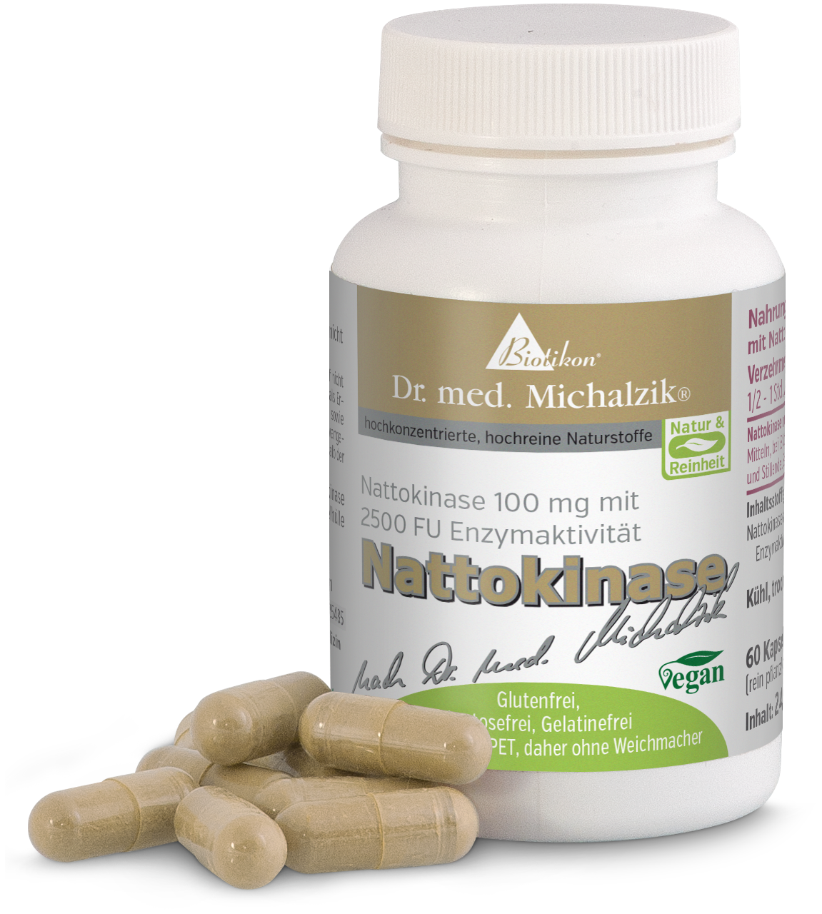 Nattokinase-Kapseln, 100 mg, in transparenter Flasche, beige-goldene Kapseln, 60 Stück.