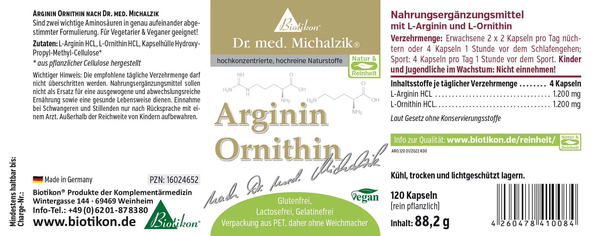 Nahrungsergänzungsmittel mit L-Arginin und L-Ornithin, 120 Kapseln in PET-Verpackung, vegan und ohne Konservierungsstoffe.