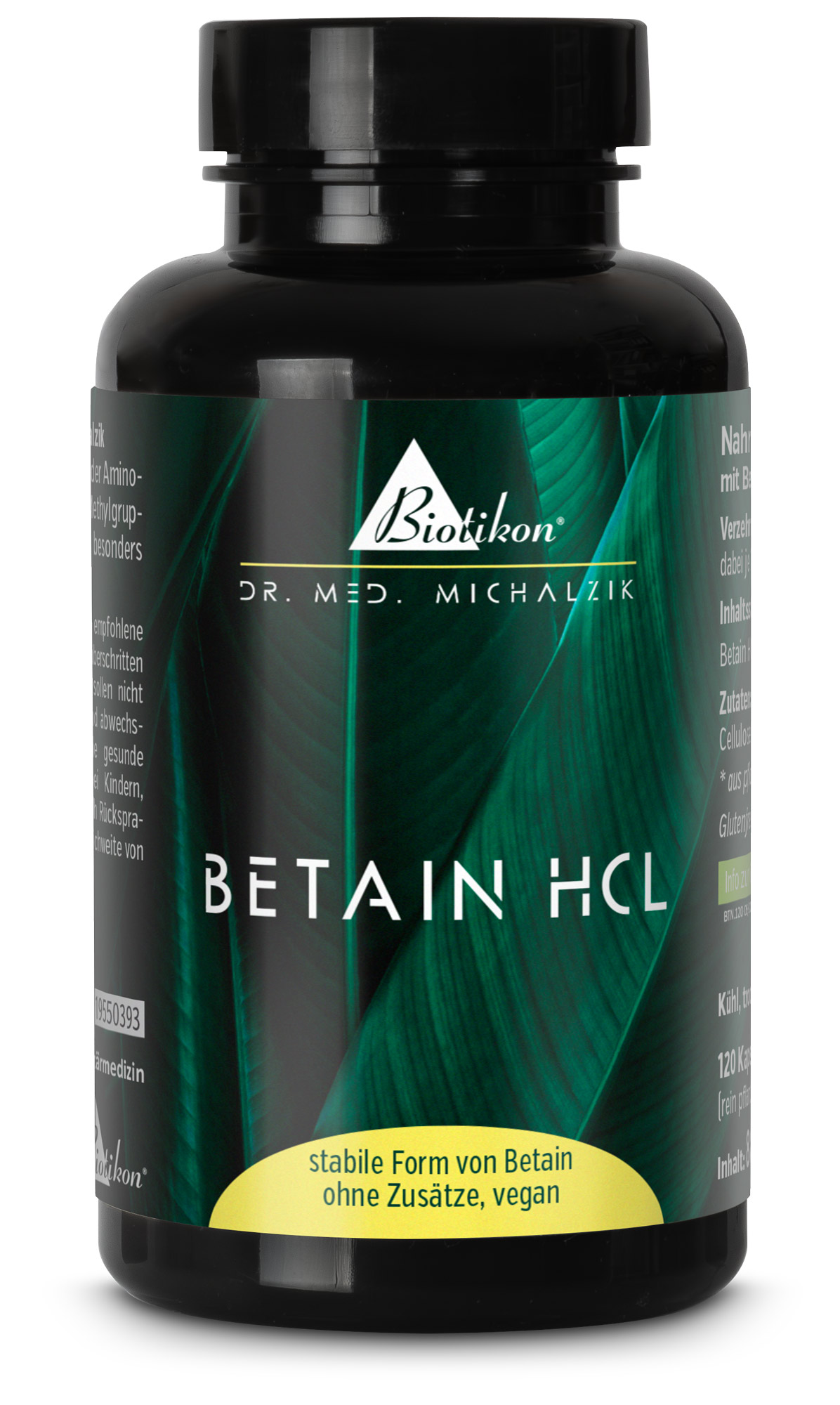 Schwarze Kapsel-Flasche mit 120 Kapseln, stabile Form von Betain, vegan, grüne Blattmuster auf dem Etikett.