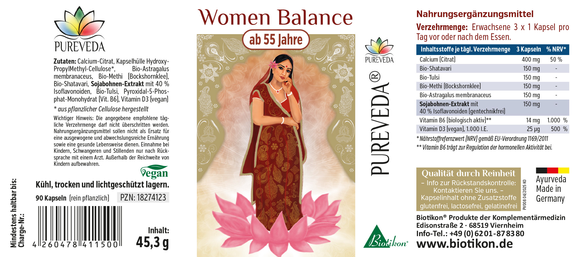 Verpackung von Women Balance, 90 vegane Kapseln, für Frauen ab 55 Jahren, mit Pflanzenextrakten, farbenfroh gestaltet.