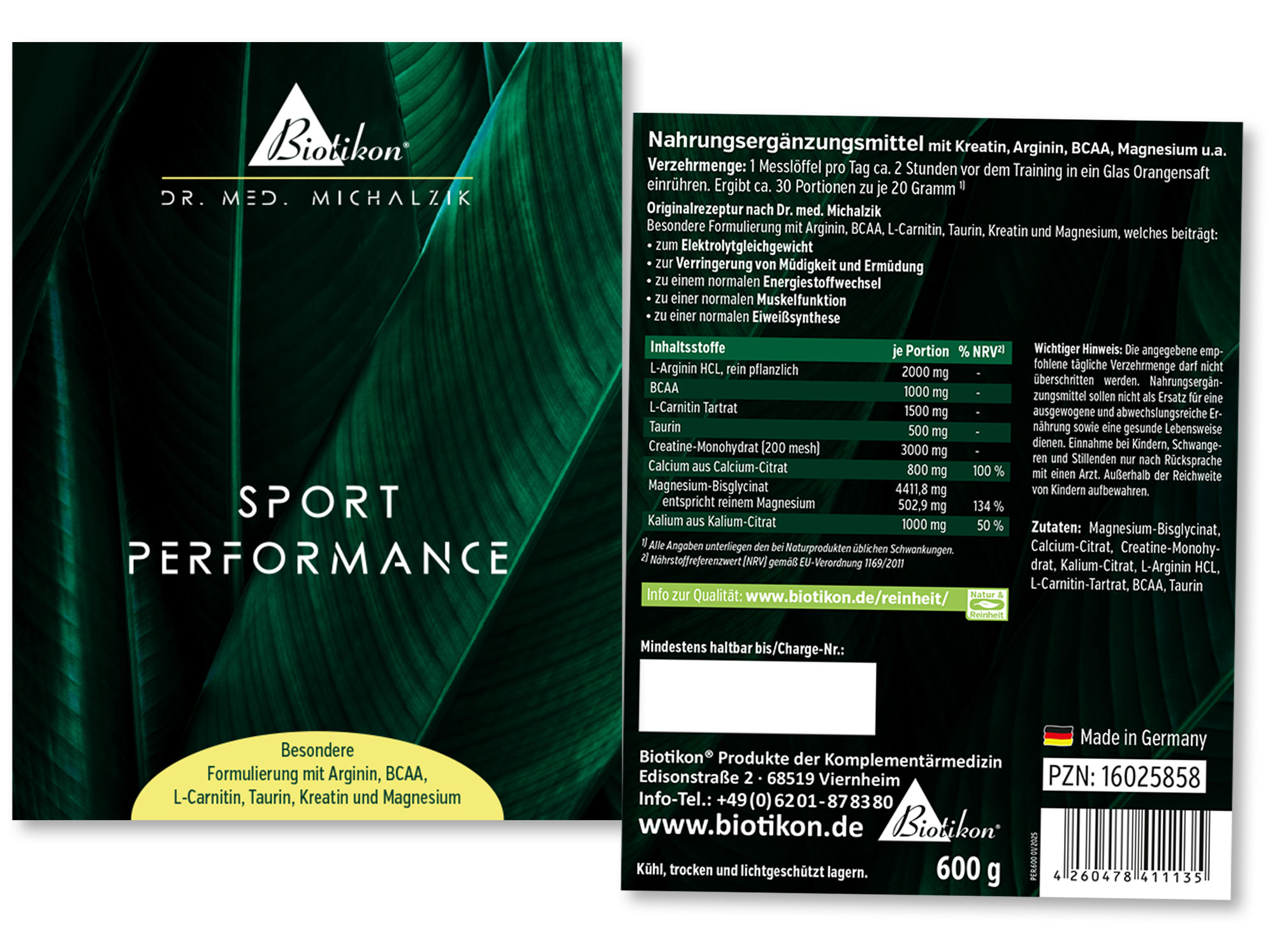 Nahrungsergänzungsmittel in Pulverform, 600 g, Verpackung mit grüner Design, zur Sportunterstützung.
