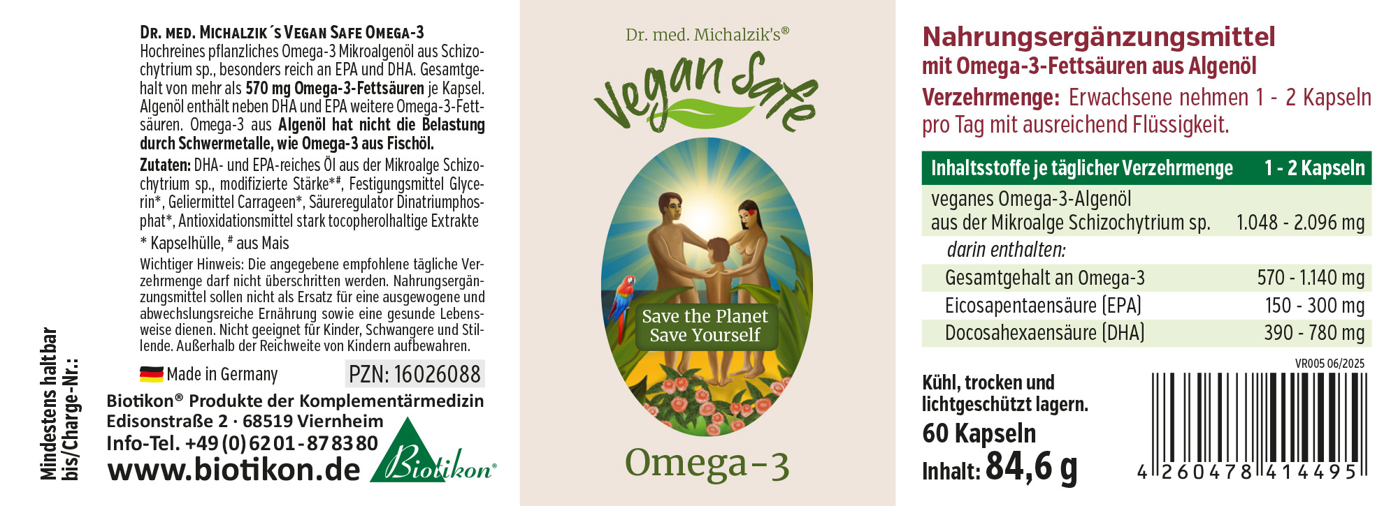 Veganes Omega-3 Algenöl, 60 Kapseln in einer grünen Verpackung, seitliche Ansicht.