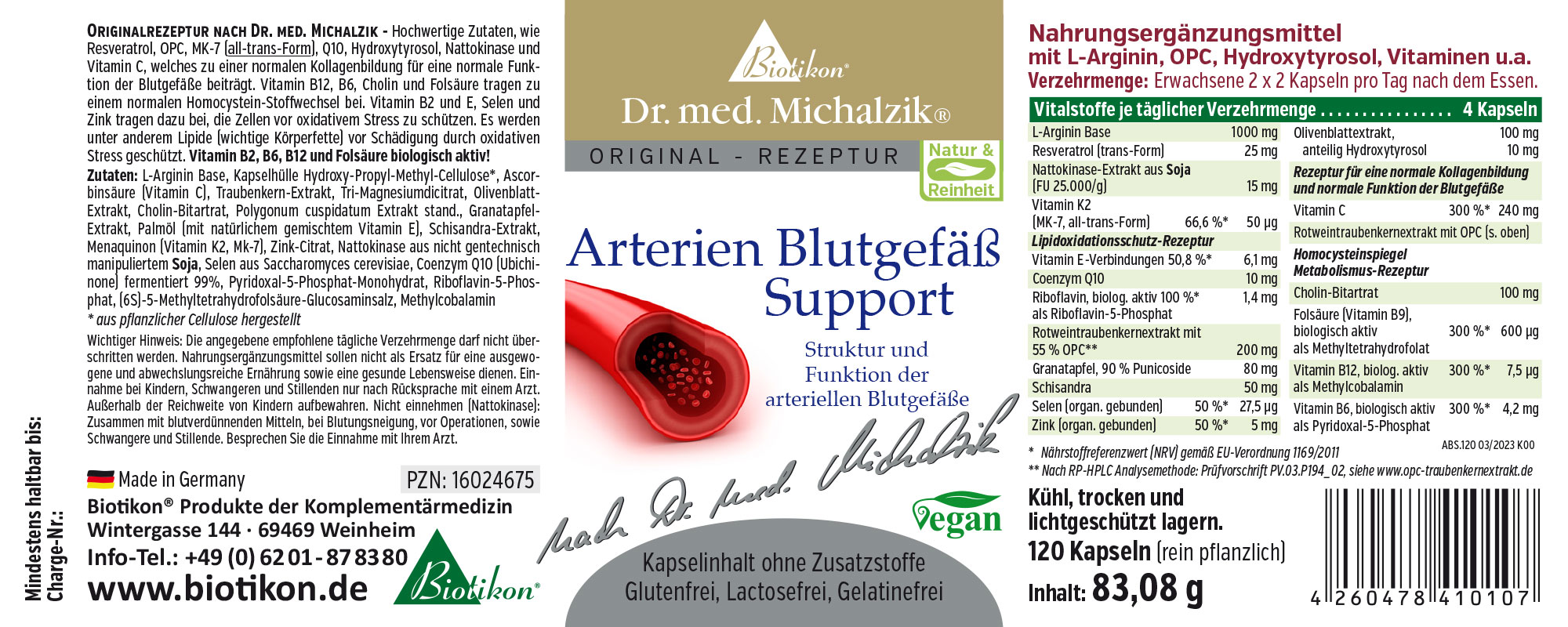 Nahrungsergänzungsmittel in einer Verpackung mit 120 Kapseln, rot-weißer Kapsel. Informationen über Inhaltsstoffe, vegan, glutenfrei.