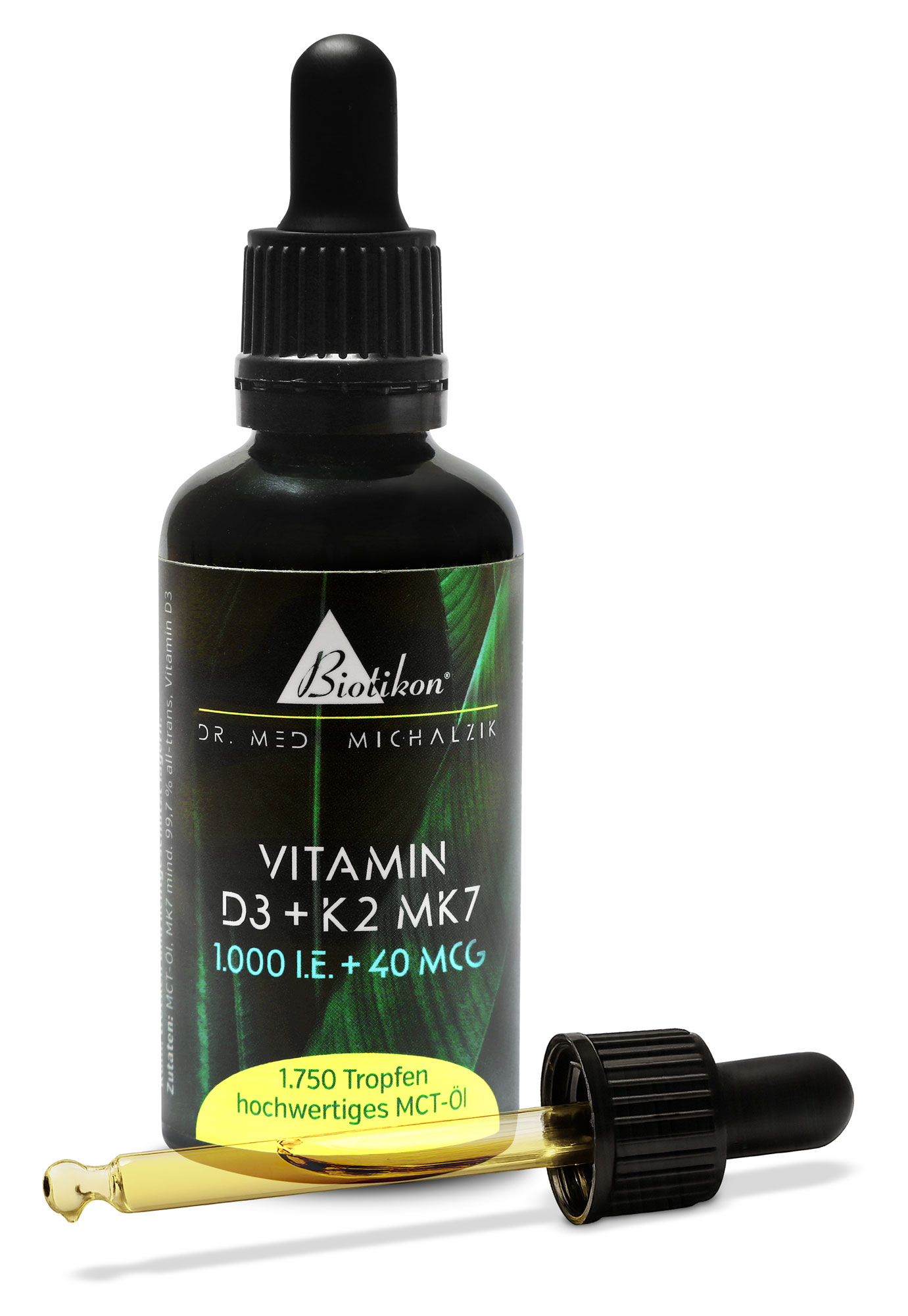 Flasche mit Vitamin D3 und K2 MK7 Tropfen, 1750 Tropfen, MCT-Öl, schwarze Verpackung, Pipette sichtbar.