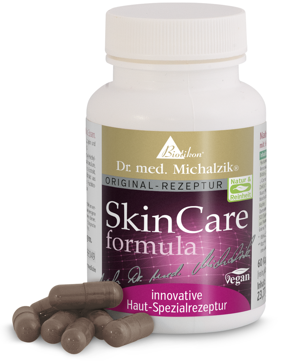 Kapseln in Braun für Hautpflege, 60 Stück, in weißem Behälter mit lila Akzenten.