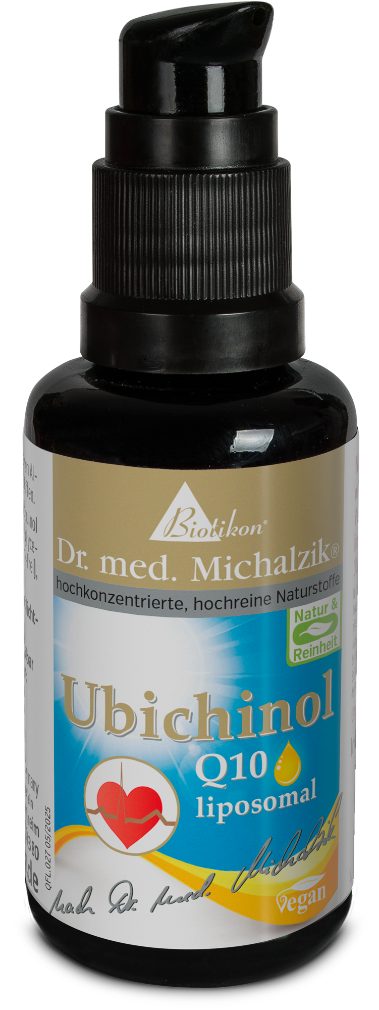 Liposomales Ubichinol Q10, 50 ml in schwarzer Flasche mit Pumpspender, Vorderansicht.