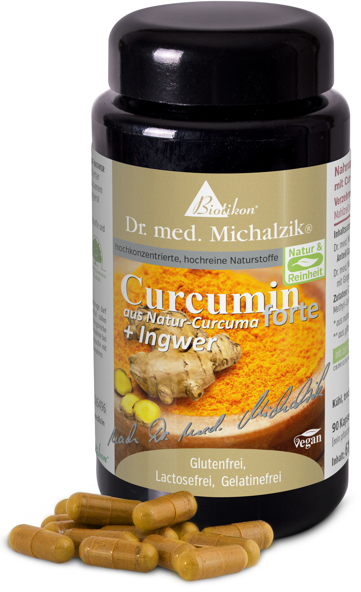 Curcumin 90 Kapseln – aus Natur-Curcuma + Ingwer Schwarzer Behälter mit 90 Kapseln, Curcumin mit Ingwer, vegan und glutenfrei