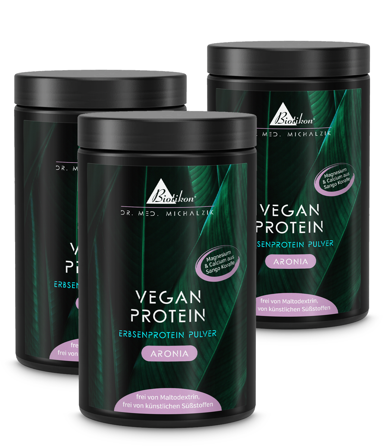 Pflanzenprotein-Pulver Aronia â 500 g Drei Dosen Pflanzenprotein-Pulver Aronia, 500 g, in weiĂer Verpackung mit lila Akzenten.