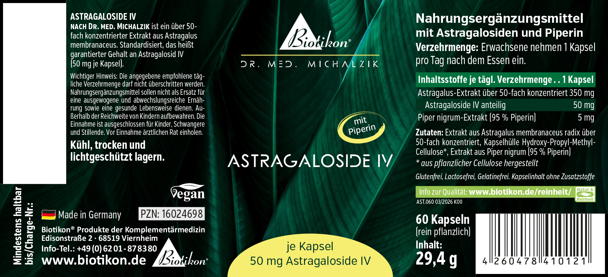 Packung mit 60 Kapseln Astragaloside IV, 50 mg pro Kapsel, in grüner und weißer Verpackung, Vorderansicht.