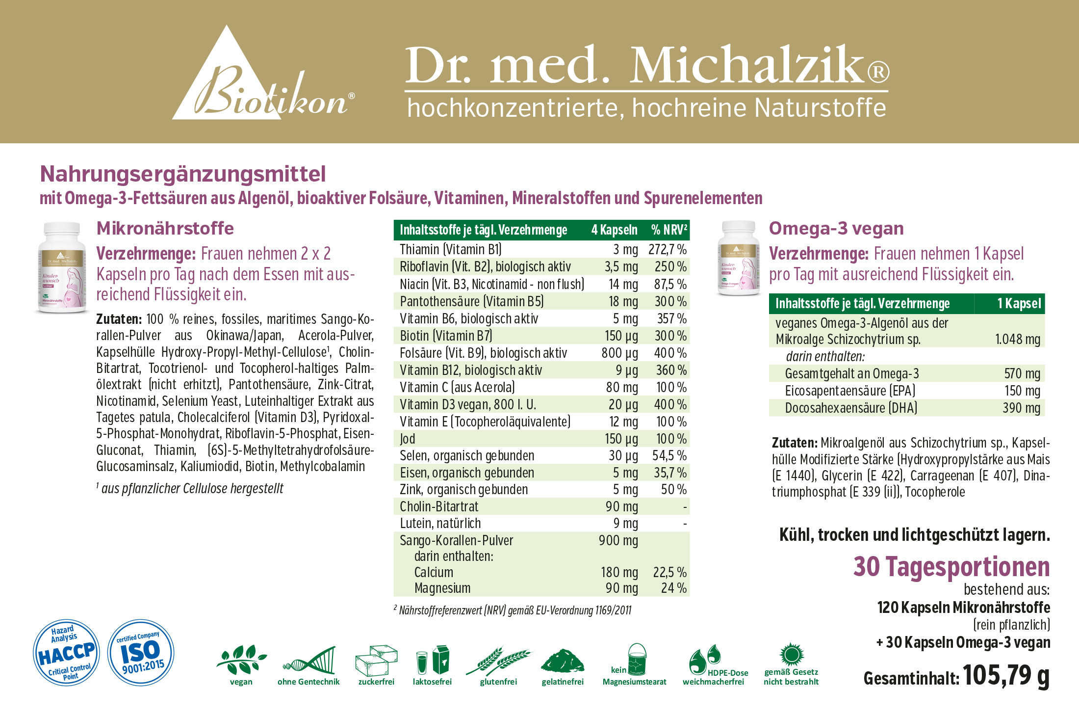 Nahrungsergänzungsmittel mit 120 Kapseln Mikronährstoffen und 30 Kapseln Omega-3, in transparenter Verpackung, helle Farben.