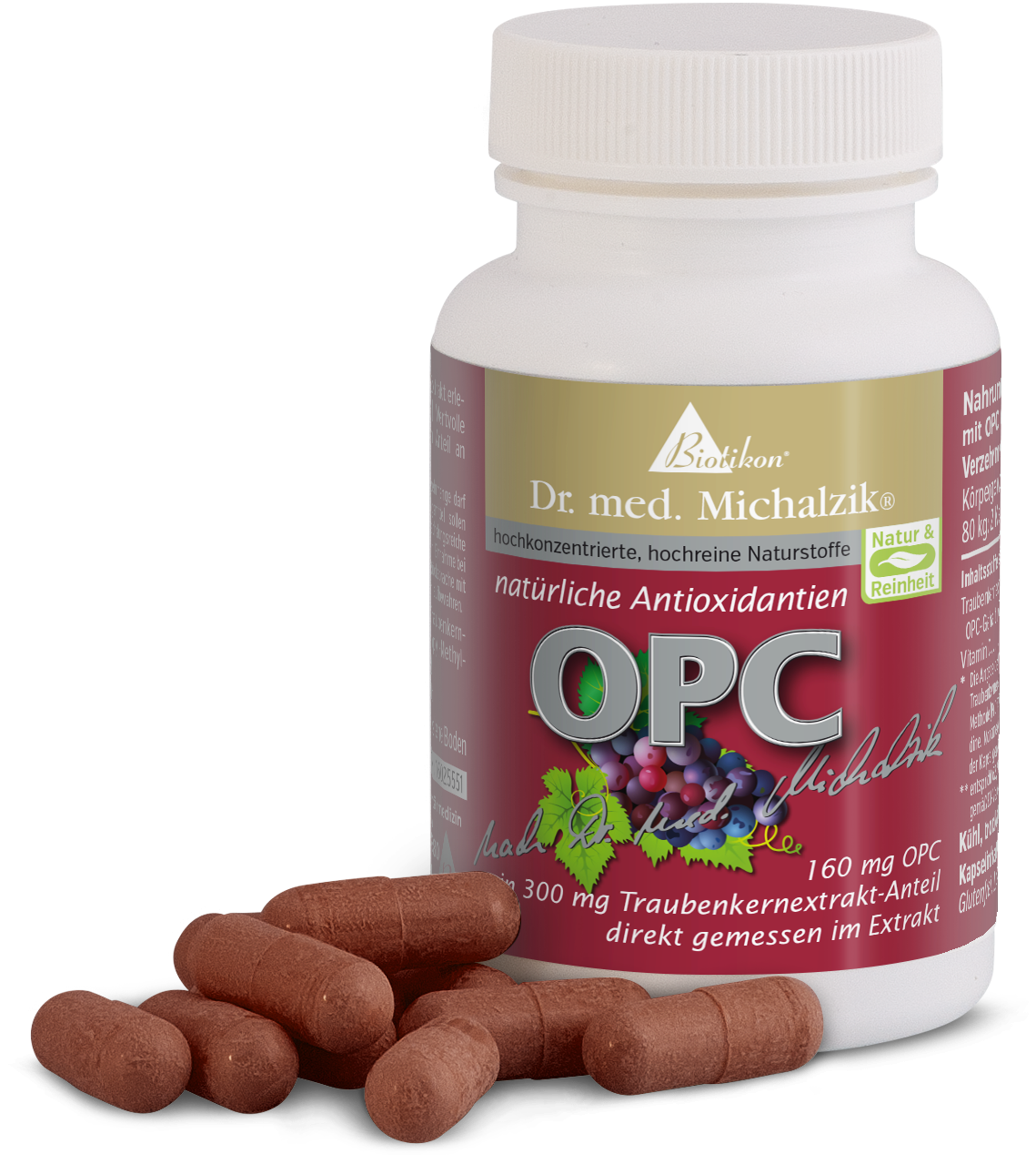 OPC Kapseln in brauner Farbe, 160 mg, aus Traubenkernextrakt, daneben eine Flasche.