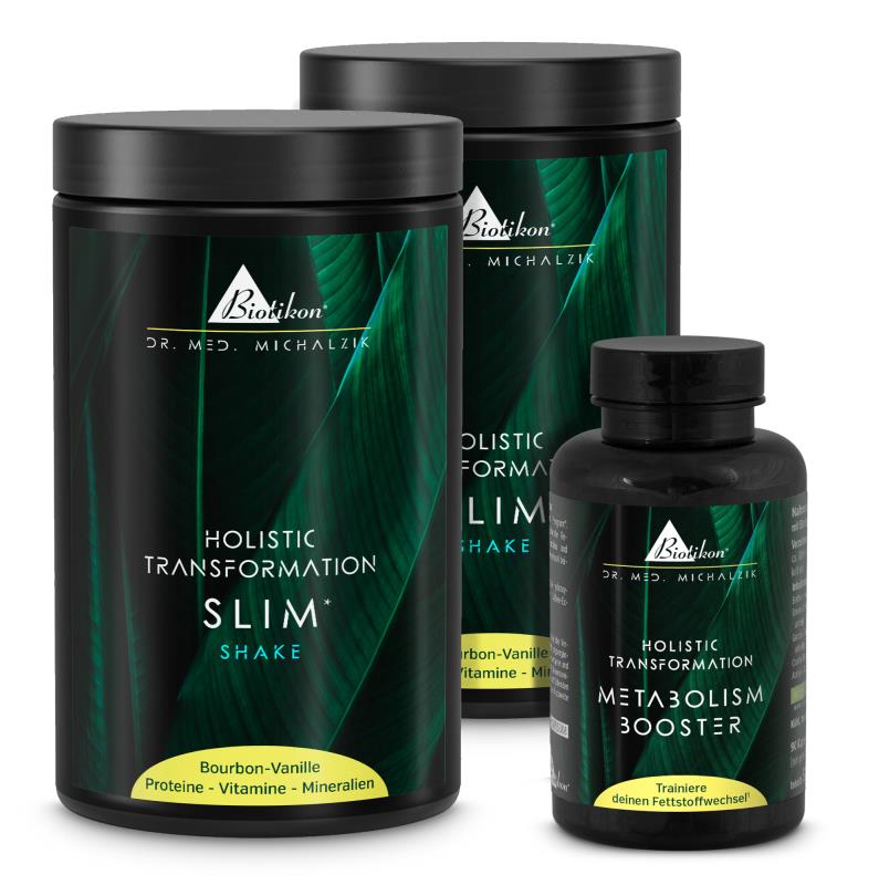 Holistic Transformation Slim Shake in schwarzer Dose, Bourbon-Vanille Geschmack, 500 g, auf weißem Hintergrund.