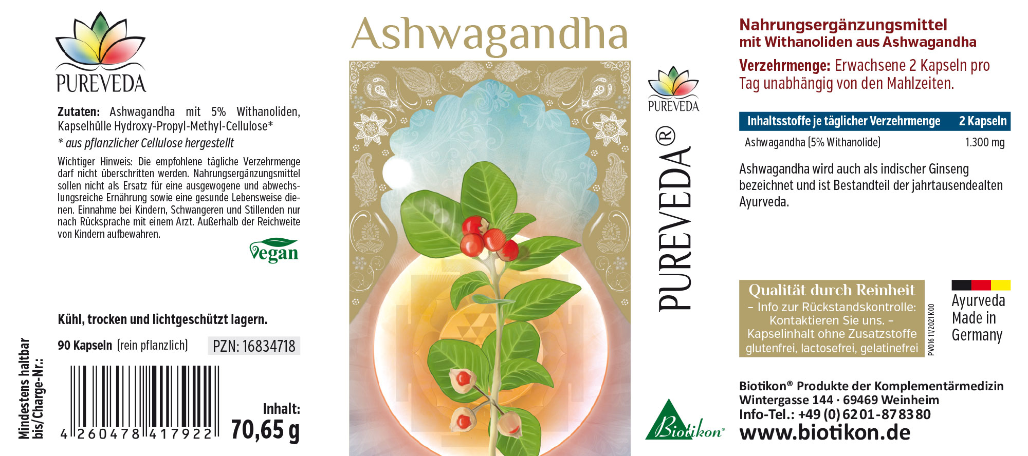 Ashwagandha Kapseln, 90 Stück, grüne Kapseln in einer weißen Verpackung, vegan.