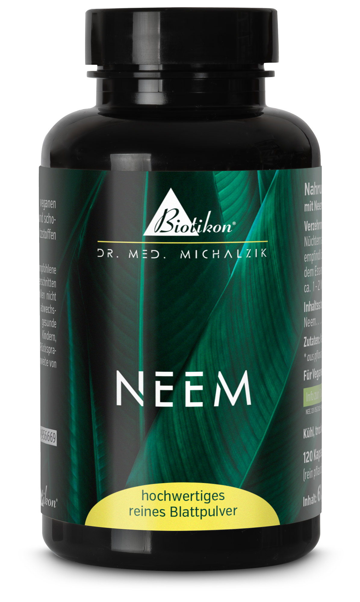 Schwarze Flasche mit 120 Kapseln Neem Blattpulver, grüne Blätter im Hintergrund, vegan.