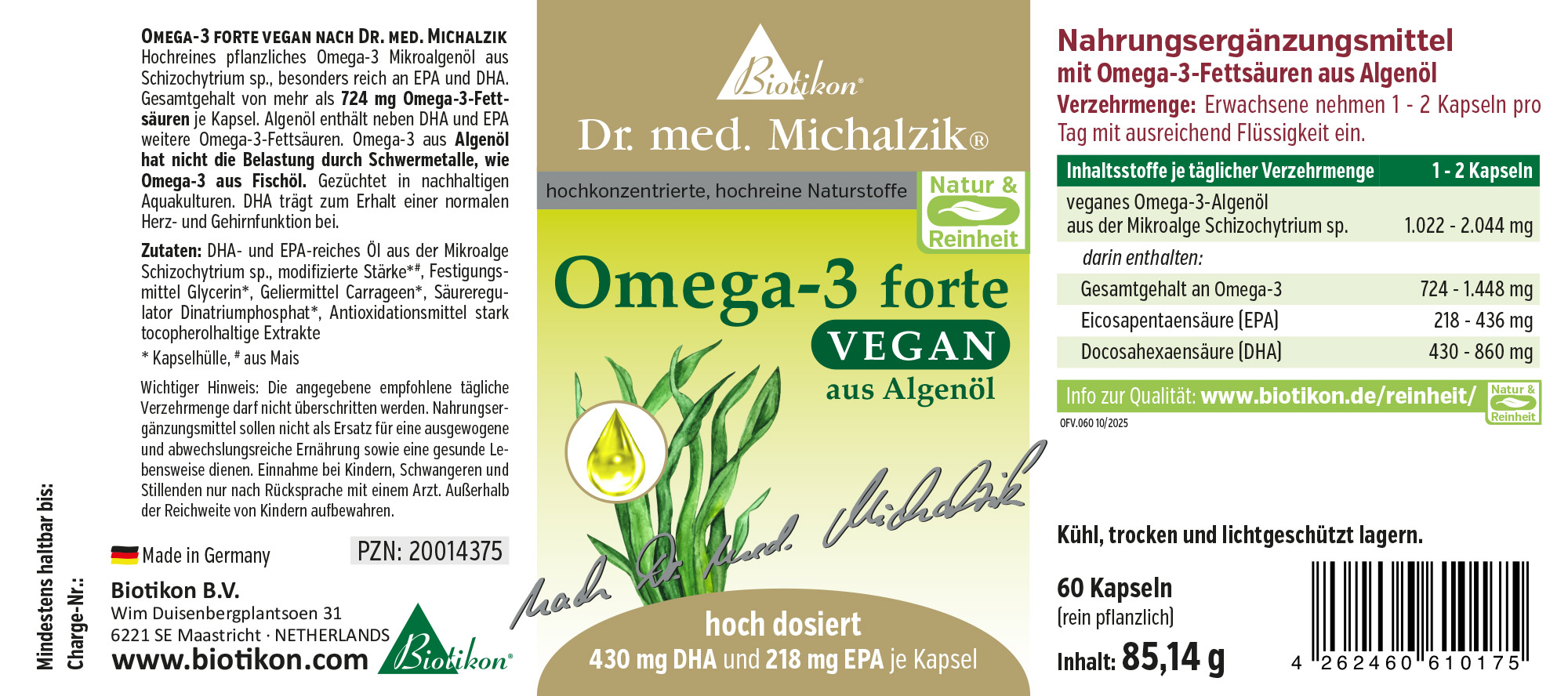 Omega-3 forte vegan Original nach Dr. med. Michalzik  - Etikett 60 Kapseln