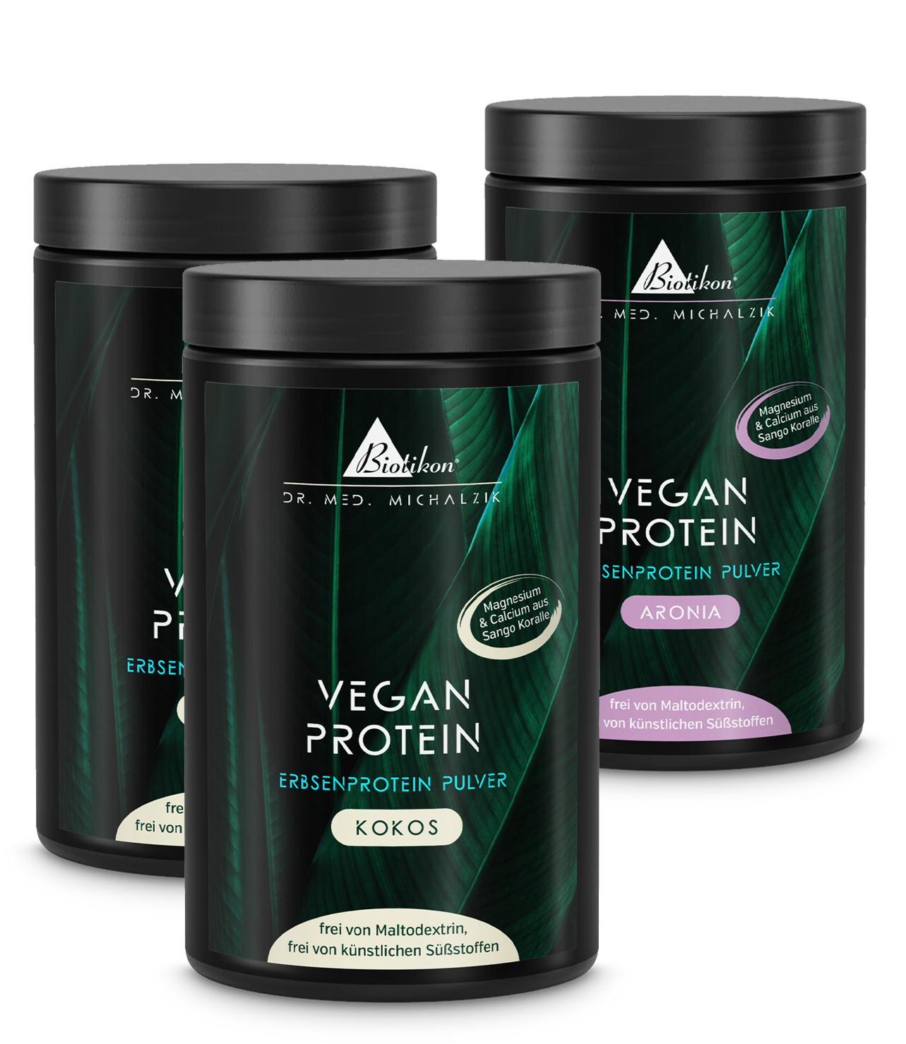 Pflanzenprotein-Pulver 300 g â Kokos, Aronia Drei Dosen Pflanzenprotein-Pulver in WeiĂ, mit Kokos- und Aronia-Geschmack, je 300 g.