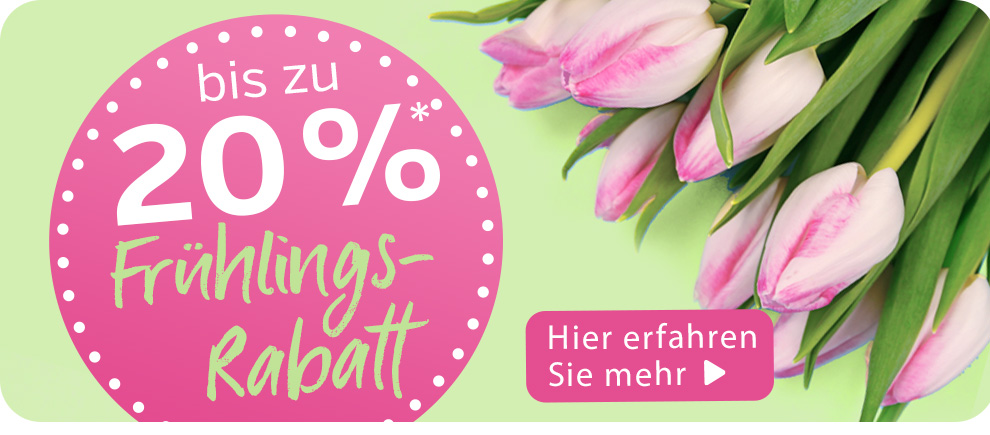 Rosafarbene Tulpen auf grünem Hintergrund, Rabatt-Anzeige bis zu 20%, informative Schaltfläche