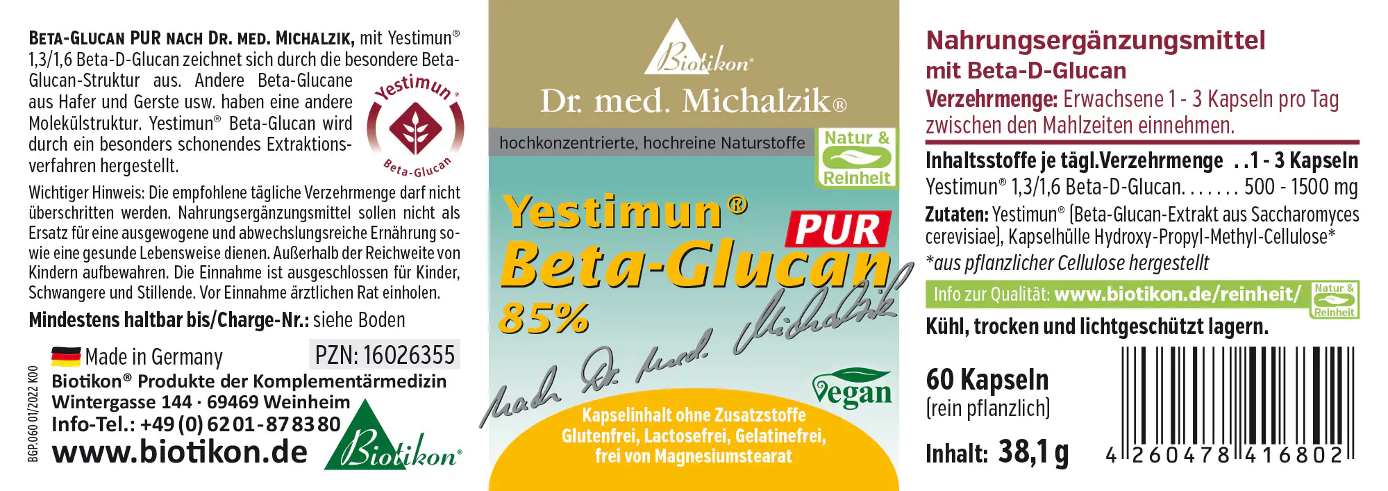 Yestimun Beta-Glucan, 60 Kapseln, grüne Verpackung, vegan, ohne Zusatzstoffe.