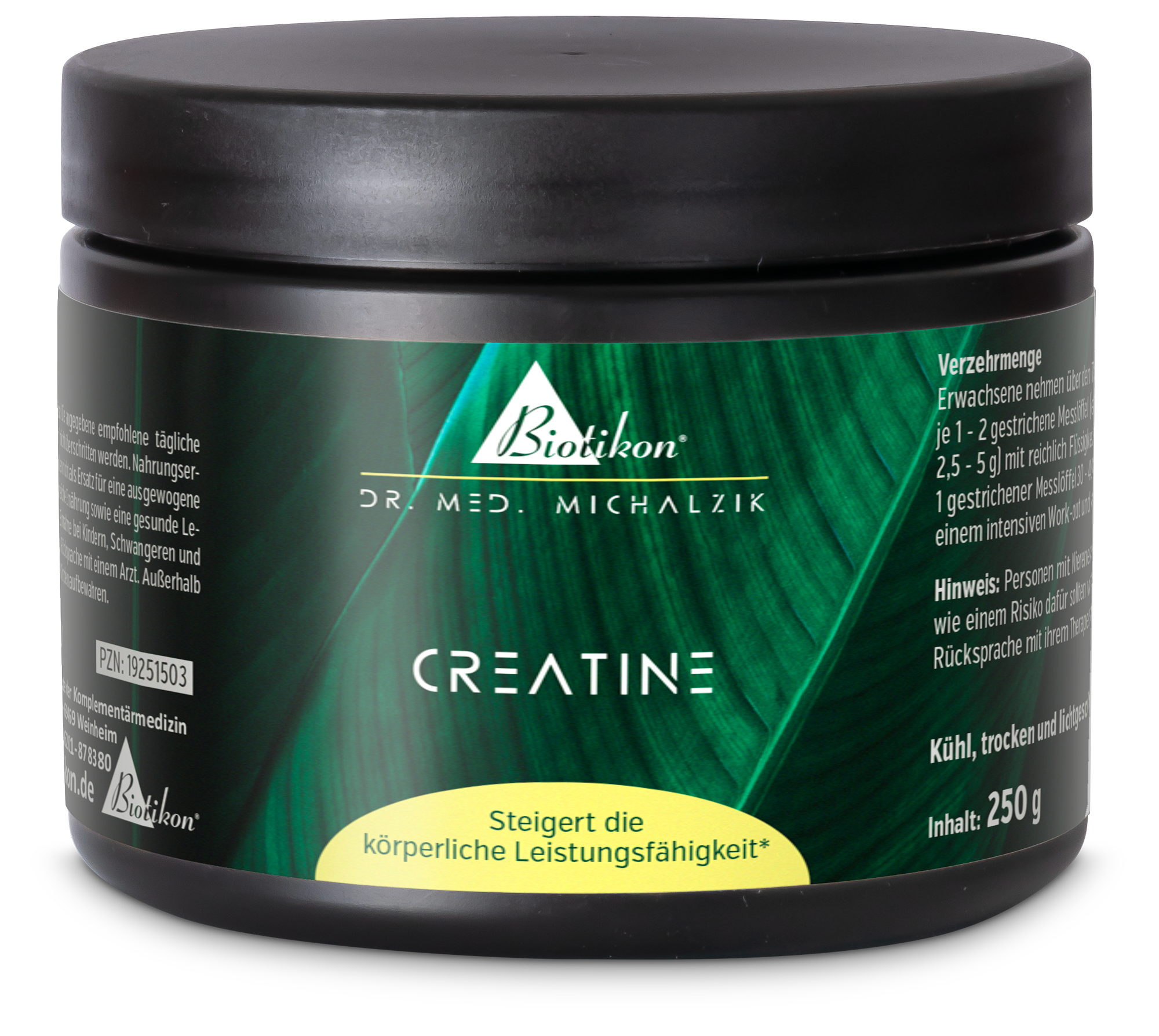 Creatin Pulver in schwarzem Behälter mit grünem Design, 250 g.