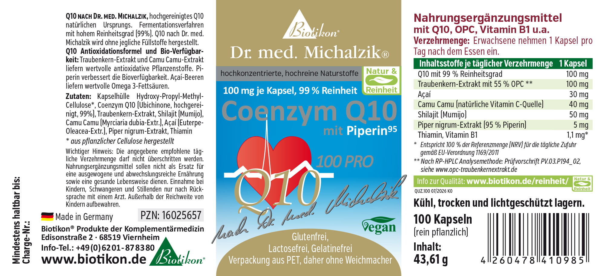 Coenzym Q10 100 mg – Kapseln Coenzym Q10 in Kapseln, 100 mg pro Kapsel, Verpackung mit 100 Kapseln, blaues und weißes Design.
