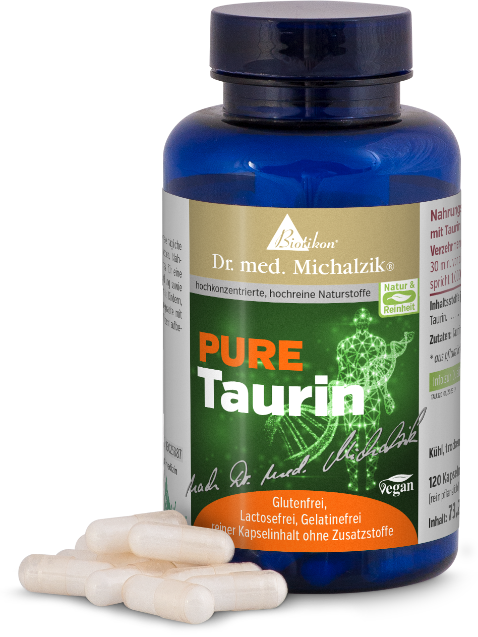 Blaue Flasche mit 120 Kapseln, glutenfrei und vegan, Kapseln liegen daneben auf einem weißen Hintergrund.