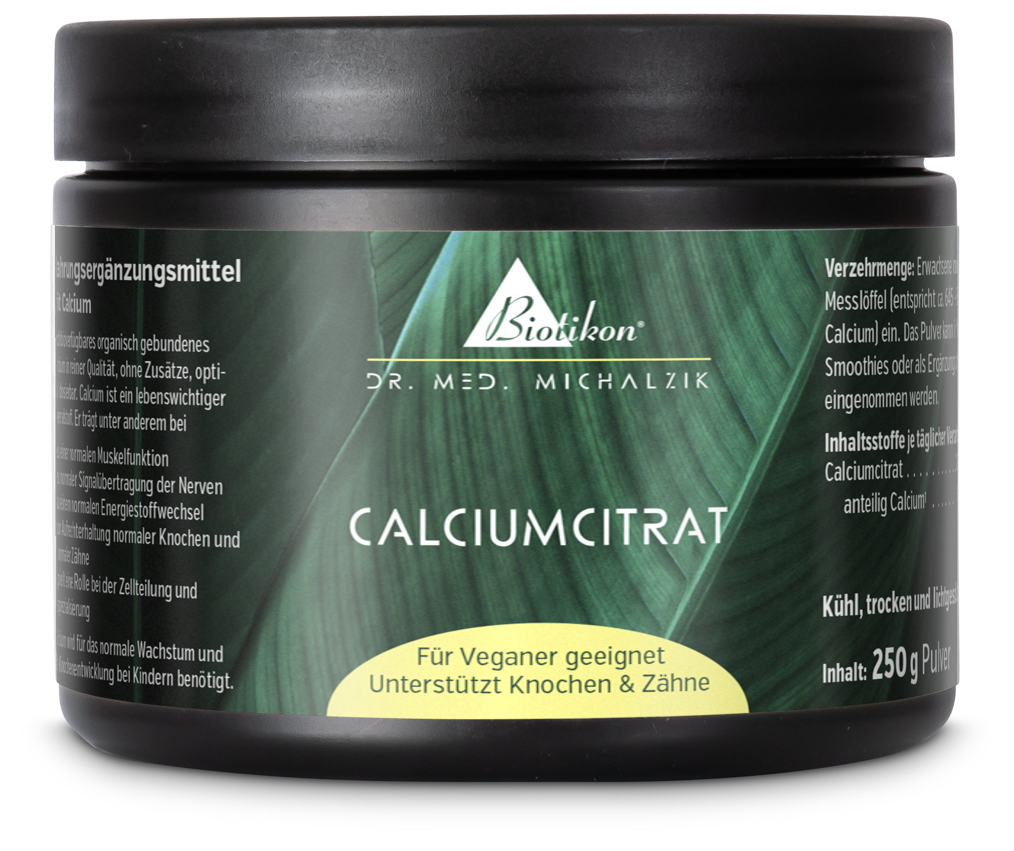 Pulver in schwarzem Behälter, Calciumcitrat, 250 g, für vegane Ernährung geeignet.
