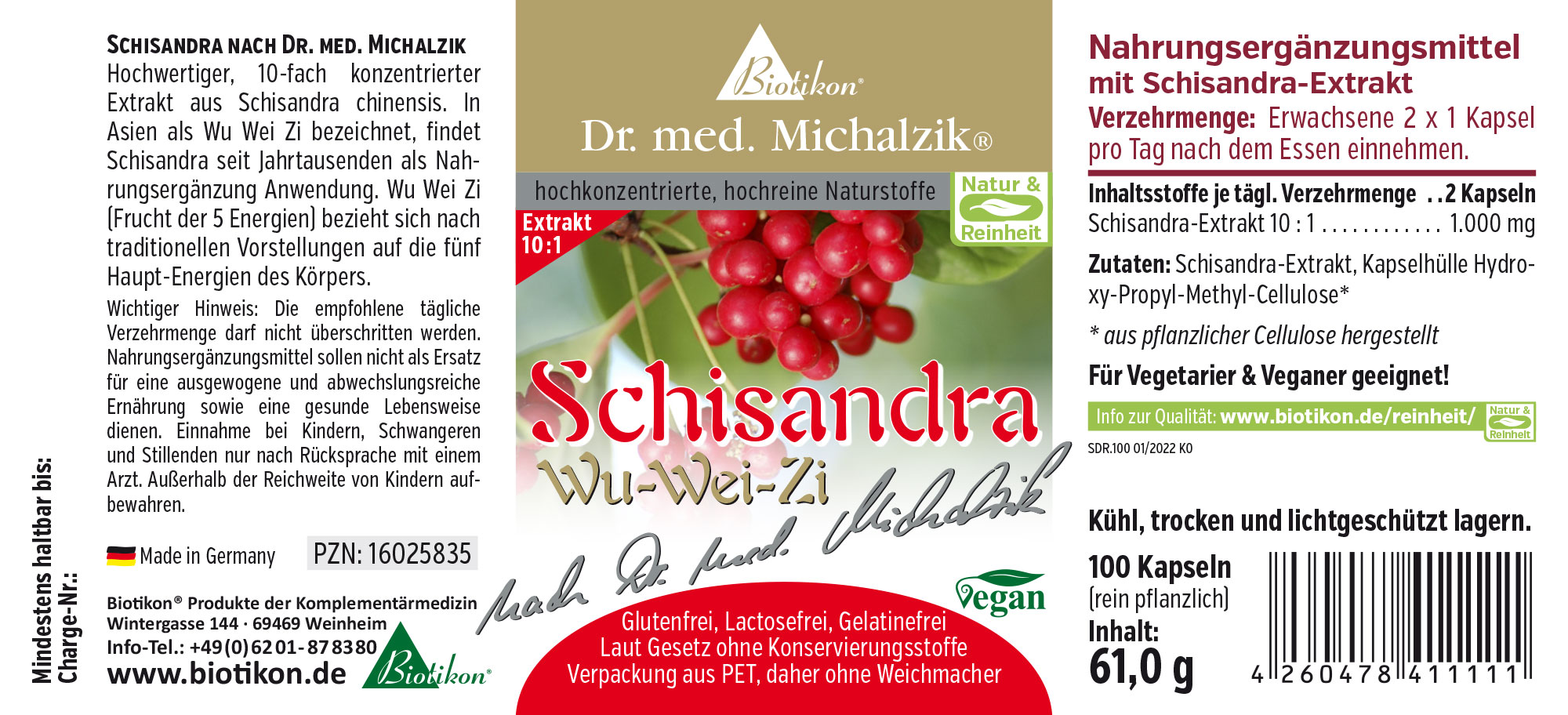 Schisandra Nahrungsergänzungsmittel, 100 Kapseln, rot, in PET-Verpackung, Vorderansicht.