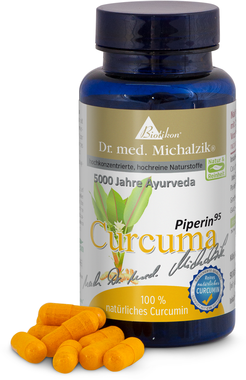 Gelbe Kapseln mit natürlichem Curcumin in einer blauen Flasche, 100 % rein, 90 Stück.