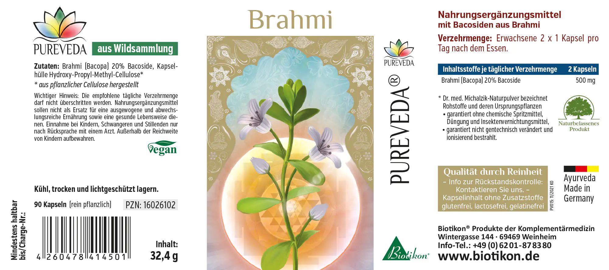 Nahrungsergänzungsmittel Brahmi in Kapseln, 90 Stück, vegan, Verpackung mit Pflanzenmotiv, 32,4 g.