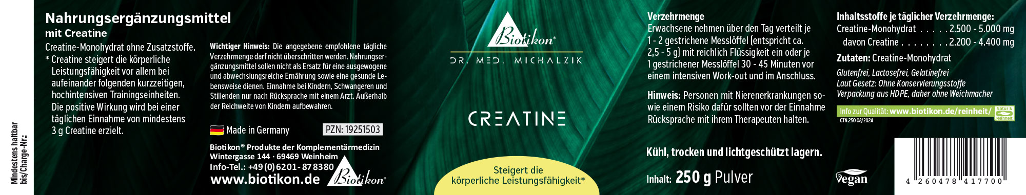 Nahrungsergänzungsmittel mit Creatin, 250 g Pulver in einer Kunststoffverpackung, grüne Farbgestaltung.