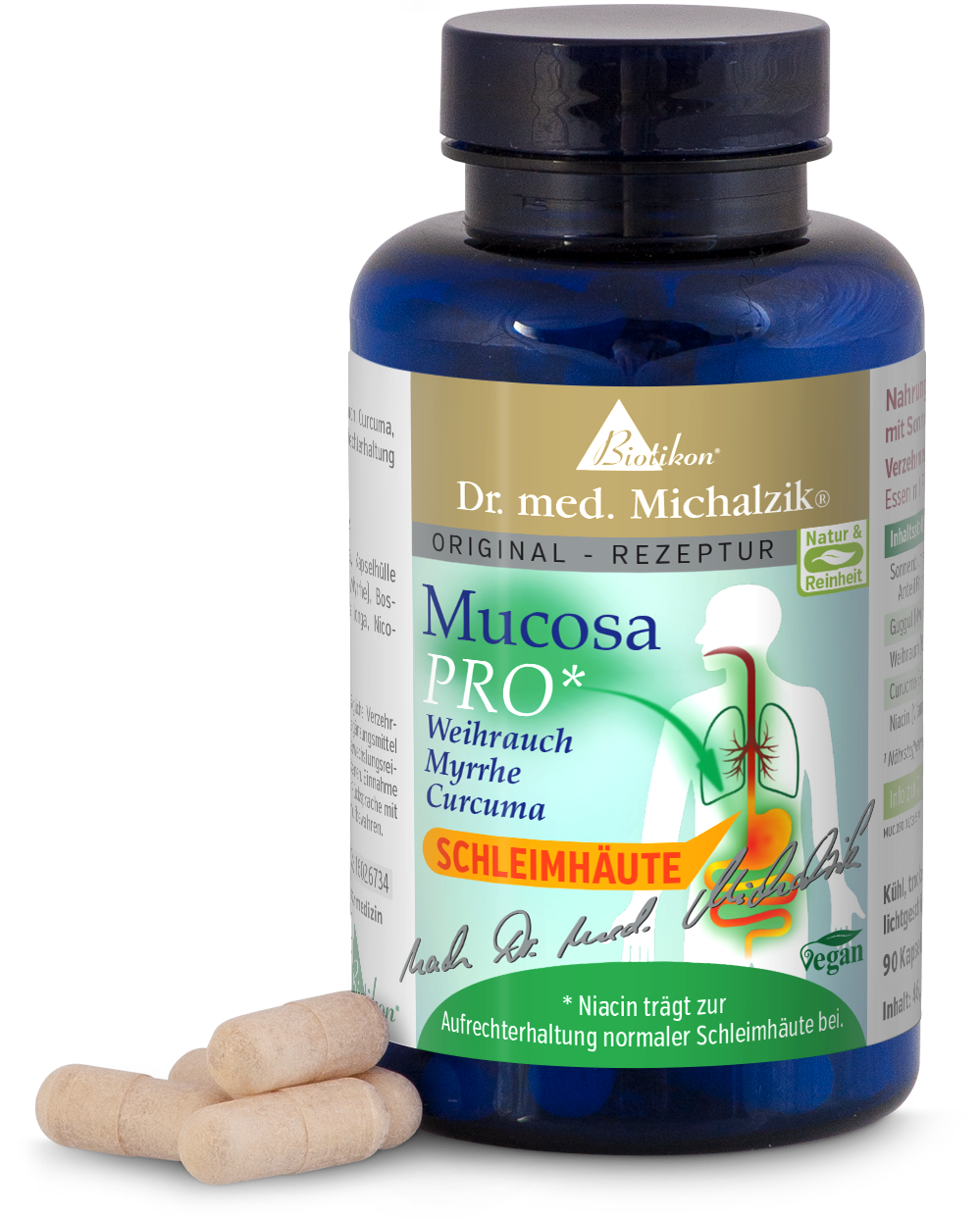 Mucosa PRO Kapseln in blauer Flasche, 90 Stück, zur Unterstützung der Schleimhäute.