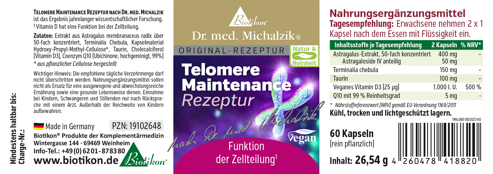 Nahrungsergänzungsmittel in einer Verpackung mit 60 Kapseln, vegan, zur Unterstützung der Zellteilung.