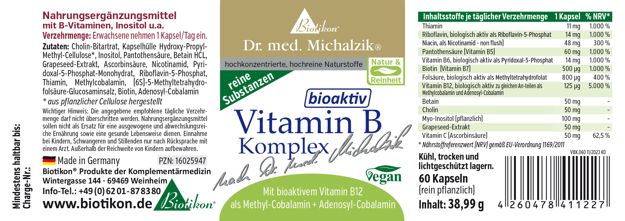 Nahrungsergänzungsmittel in Kapsel-Form, 60 Stück, vegan, Verpackung in hellen Farben, Seitenansicht.
