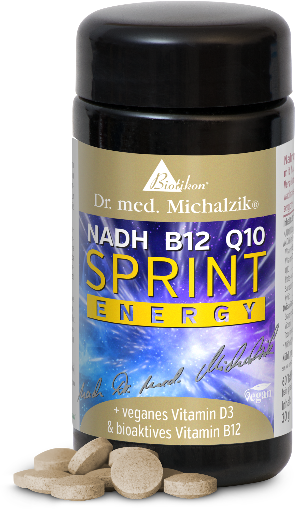 NADH B12 Q10 Nahrungsergänzungsmittel in schwarzer Dose, 60 Tabletten, vegan, neben der Dose liegen einige Tabletten.