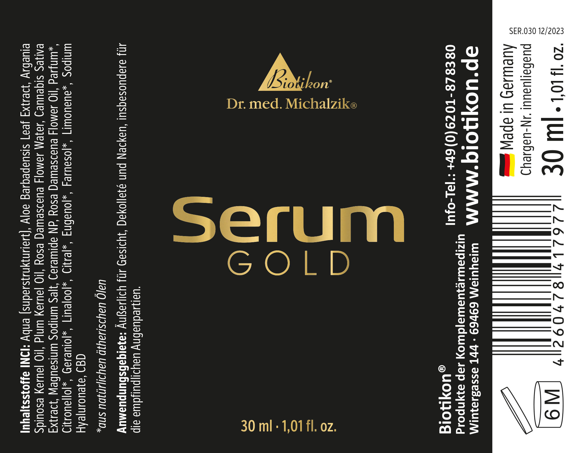 Serum Gold in einer 30 ml Flasche, schwarze Verpackung mit goldenen Schriftzug, frontale Sicht.