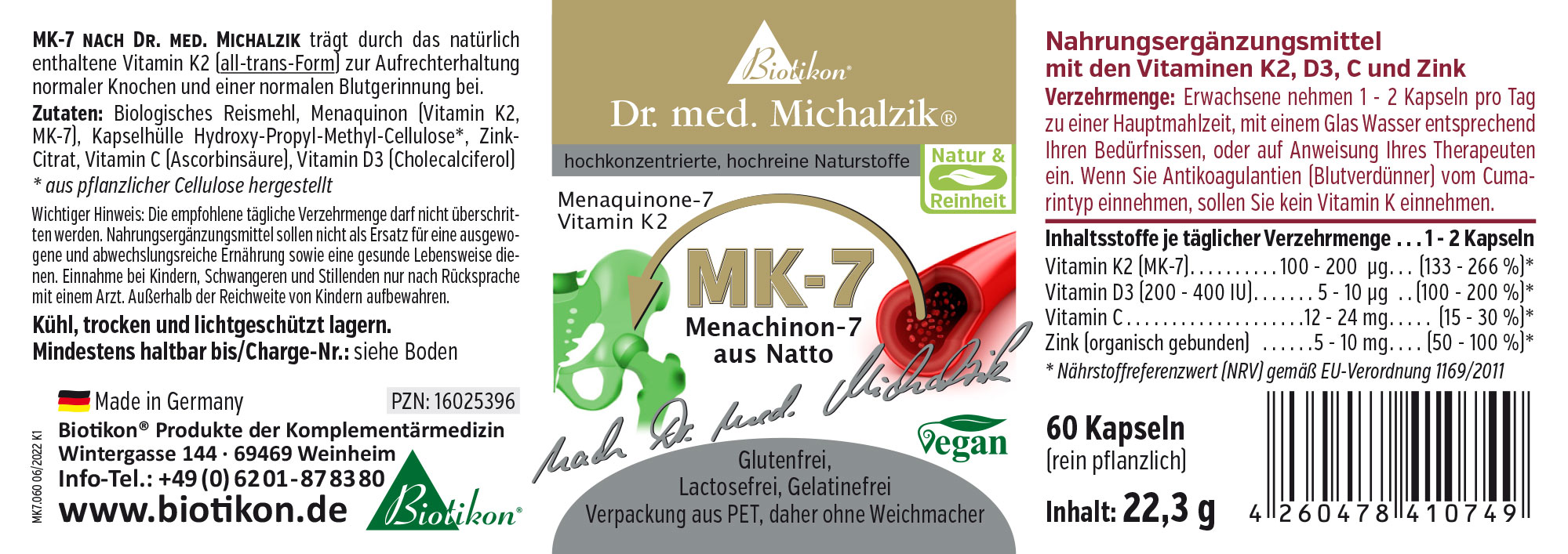 60 Kapseln Vitamin K2 MK-7 aus Natto in kleiner PET-Verpackung, grün und goldfarben.