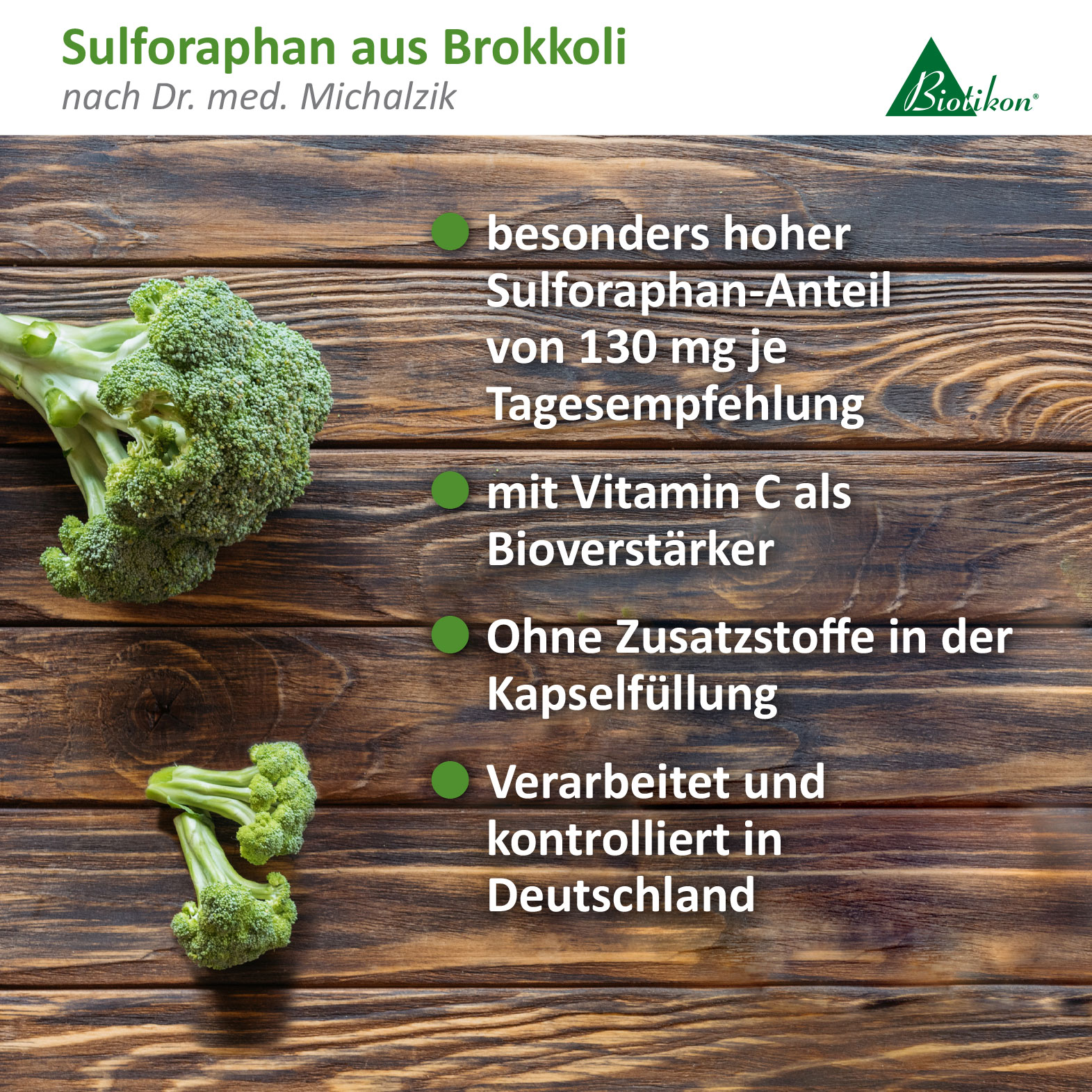 Brokkoli-Kapseln mit 130 mg Sulforaphan, ohne Zusatzstoffe, verpackt in einer umweltfreundlichen Hülle.
