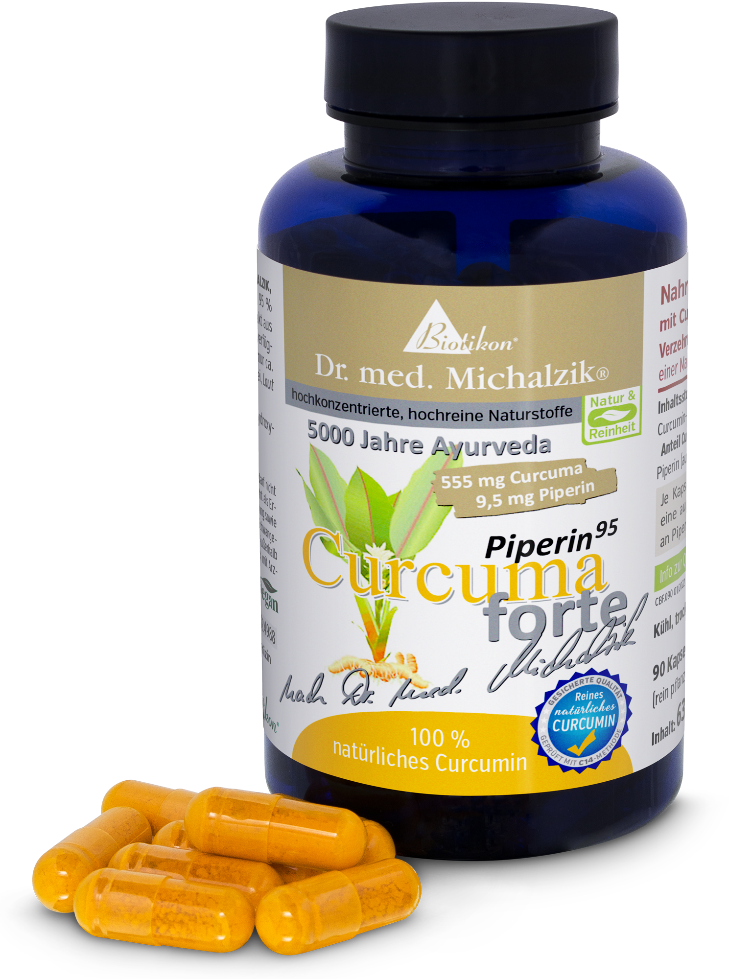Curcuma forte 555 mg – Kapseln Flasche mit 90 Kapseln, gelbe Kapseln mit Curcuma und Piperin, perspektivische Ansicht.