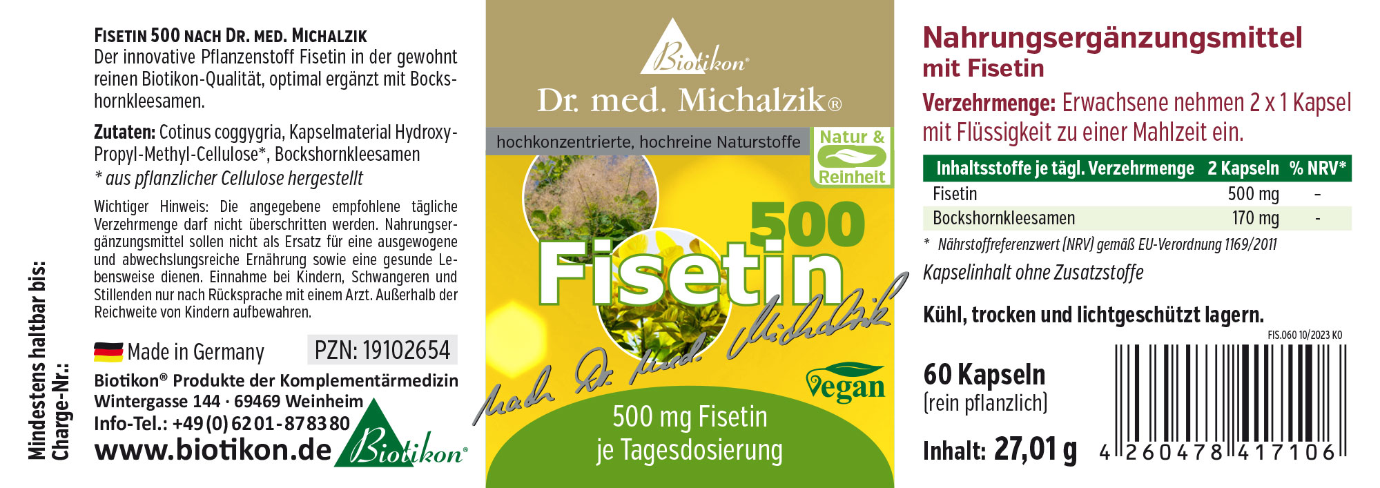 Nahrungsergänzungsmittel Fisetin, 60 Kapseln, in Pflanzenkapseln, gelb-grüne Verpackung, seitliche Ansicht.
