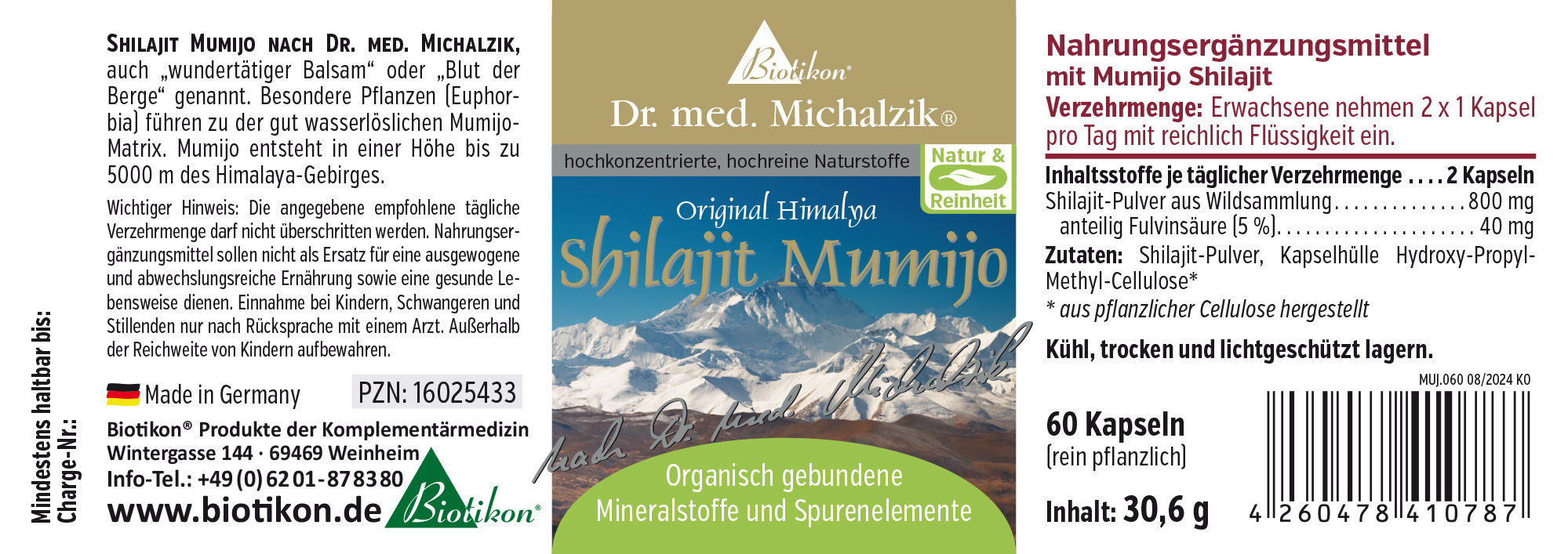 Nahrungsergänzungsmittel Shilajit Mumijo in Kapseln, 60 Stück, braune Kapsel, Verpackung in gold-blauem Design.