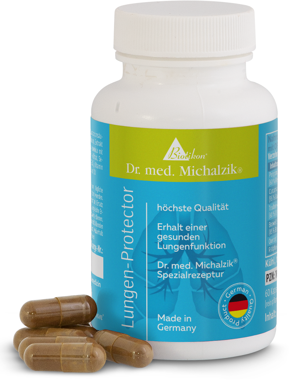 Lungen-Protector Kapseln in einer weißen Flasche mit blauem Etikett, präsentiert mit mehreren Kapseln.