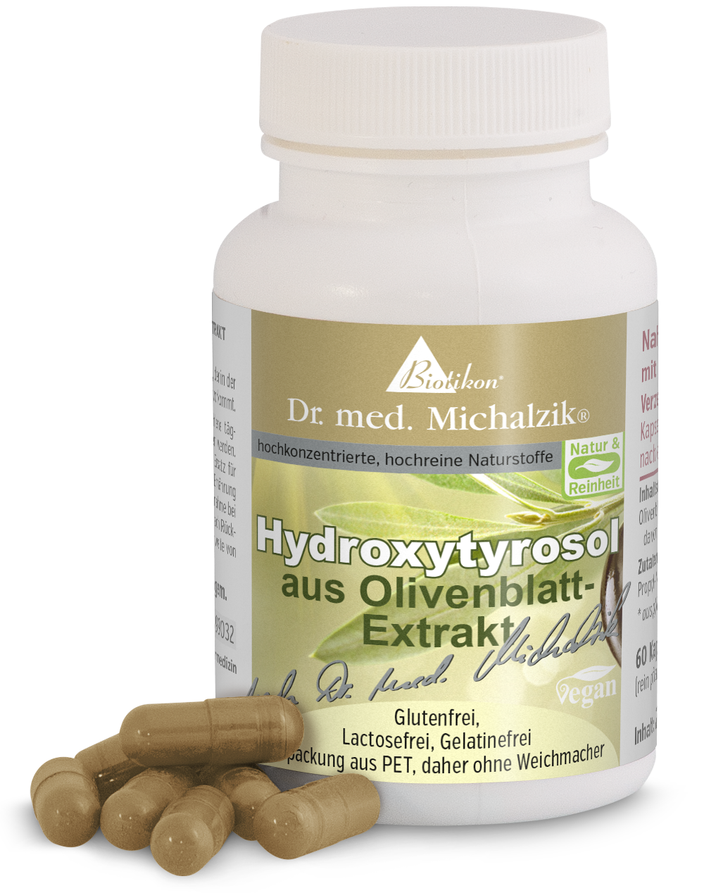 Hydroxytyrosol 60 Kapseln – Olivenblatt-Extrakt Flasche mit 60 Kapseln Hydroxytyrosol aus Olivenblatt-Extrakt, beige Kapseln, PET-Verpackung, glutenfrei.