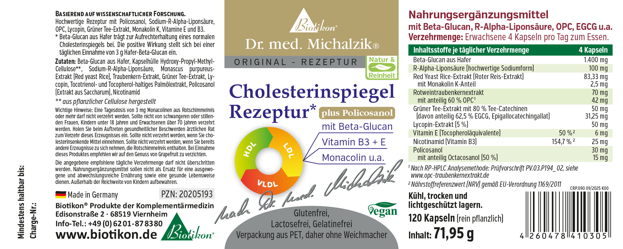 Cholesterinspiegel Rezeptur – 120 Kapseln Nahrungsergänzungsmittel in Kapseln, 120 Stück, rot-grün-gelbes Verpackungsdesign, vegan, Inhaltsstoffe sichtbar.