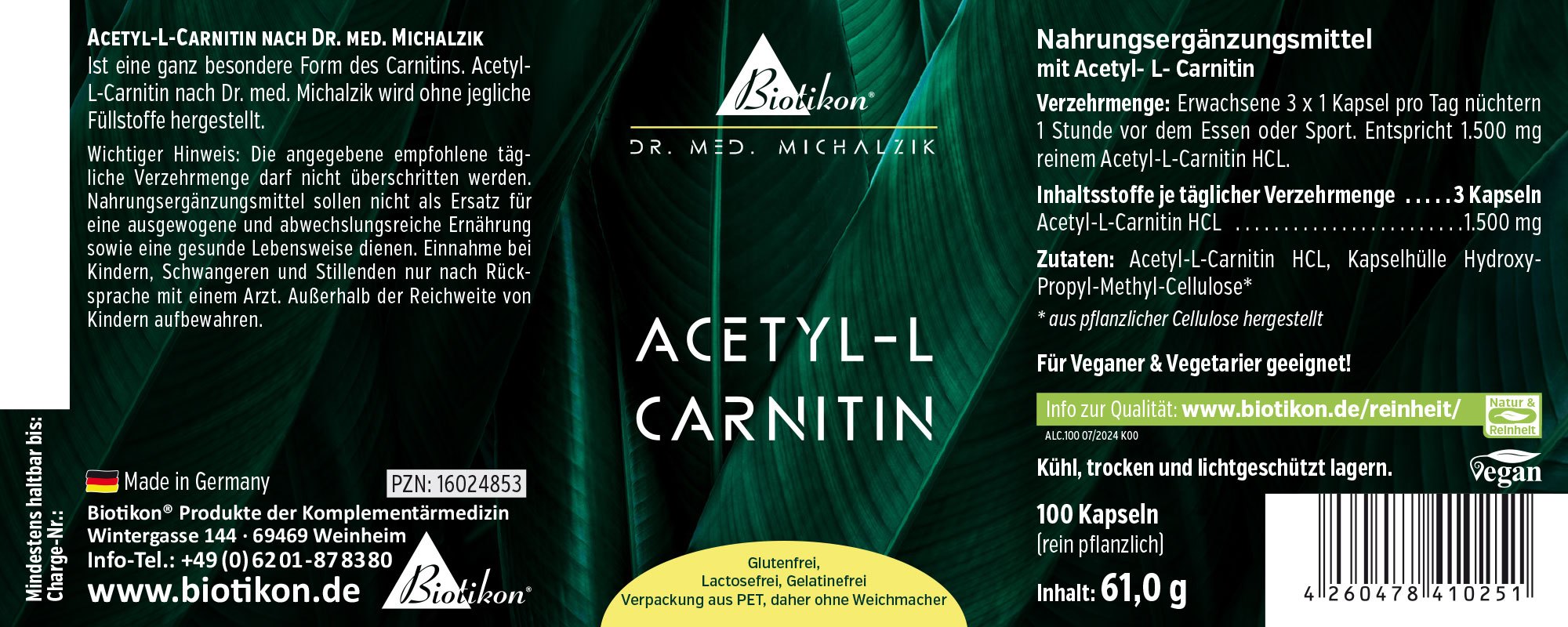Nahrungsergänzungsmittel Acetyl-L-Carnitin in Kapseln, 100 Stück, grüne Verpackung, Ansicht von vorne.